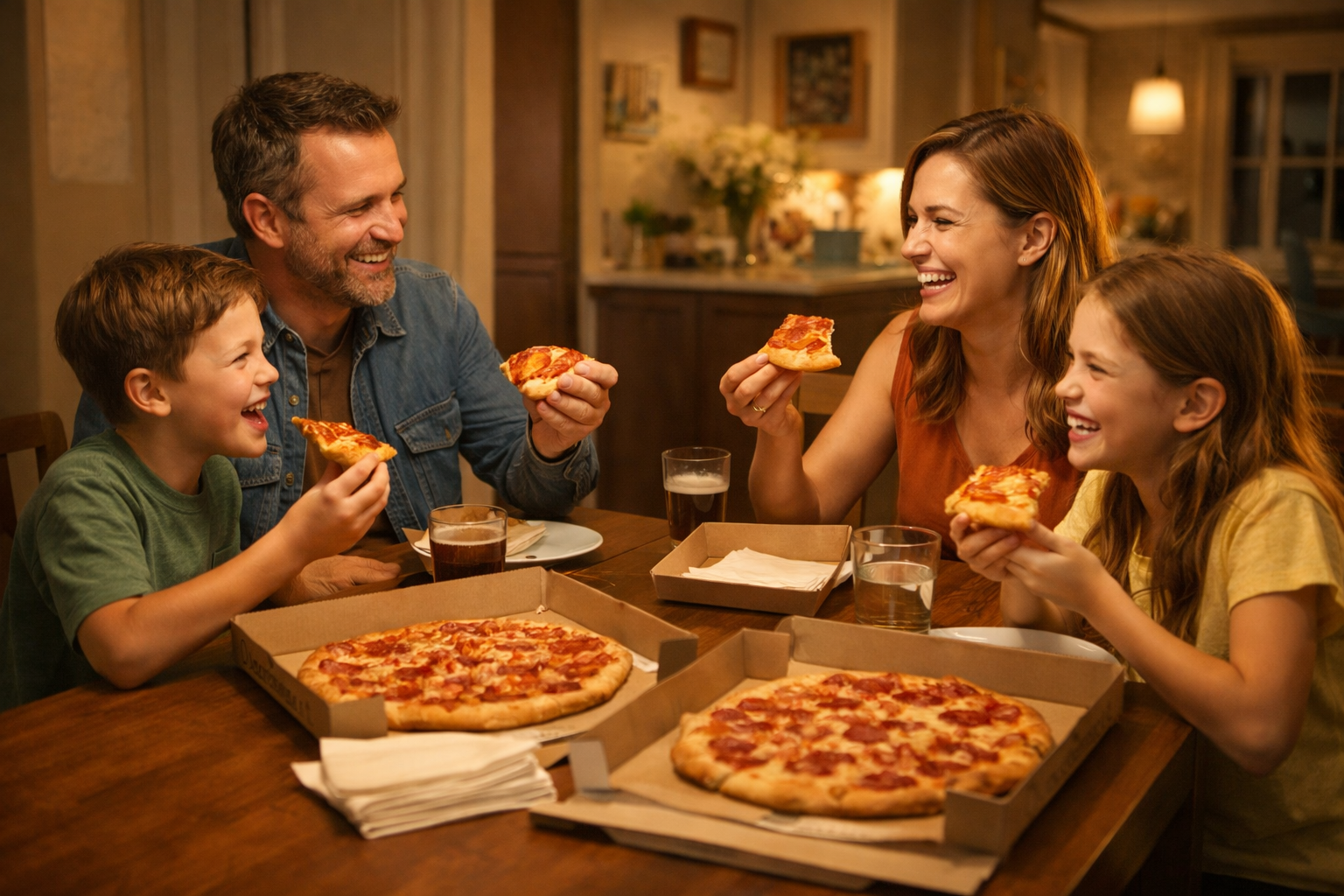 A happy family laughing and sharing pizza at their dinner table — the end result of every successful phone order