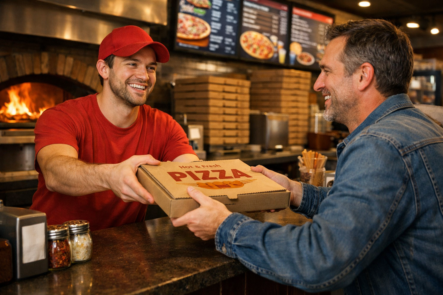 Restaurant staff handing a completed order to a happy customer — the moment every phone call should lead to